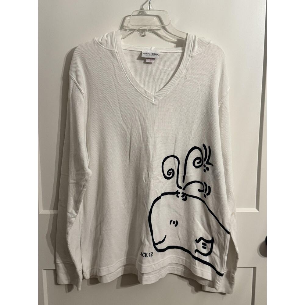 Marushka T Shirt Womens XL White Hooded Thermal Whale Print Nautical Long Sleeve